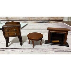 Vintage Dollhouse Miniatures Lot Fireplace Nightstand Coffee Table Dark Wood